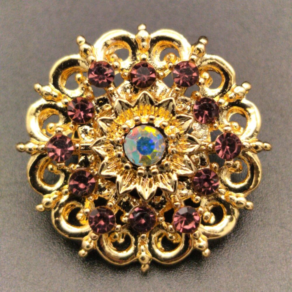 Vintage Style Gold Tone Amethyst Purple & AB Rhinestone Floral Brooch Pin - Picture 1 of 5